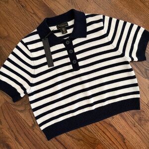 House of Harlow SS Navy/White Striped 100% Cashmere Crop Polo Sweater -MED-NWT